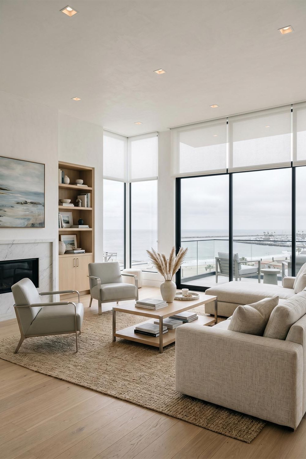 Bright coastal living room with neutral furniture and floor-to-ceiling windows